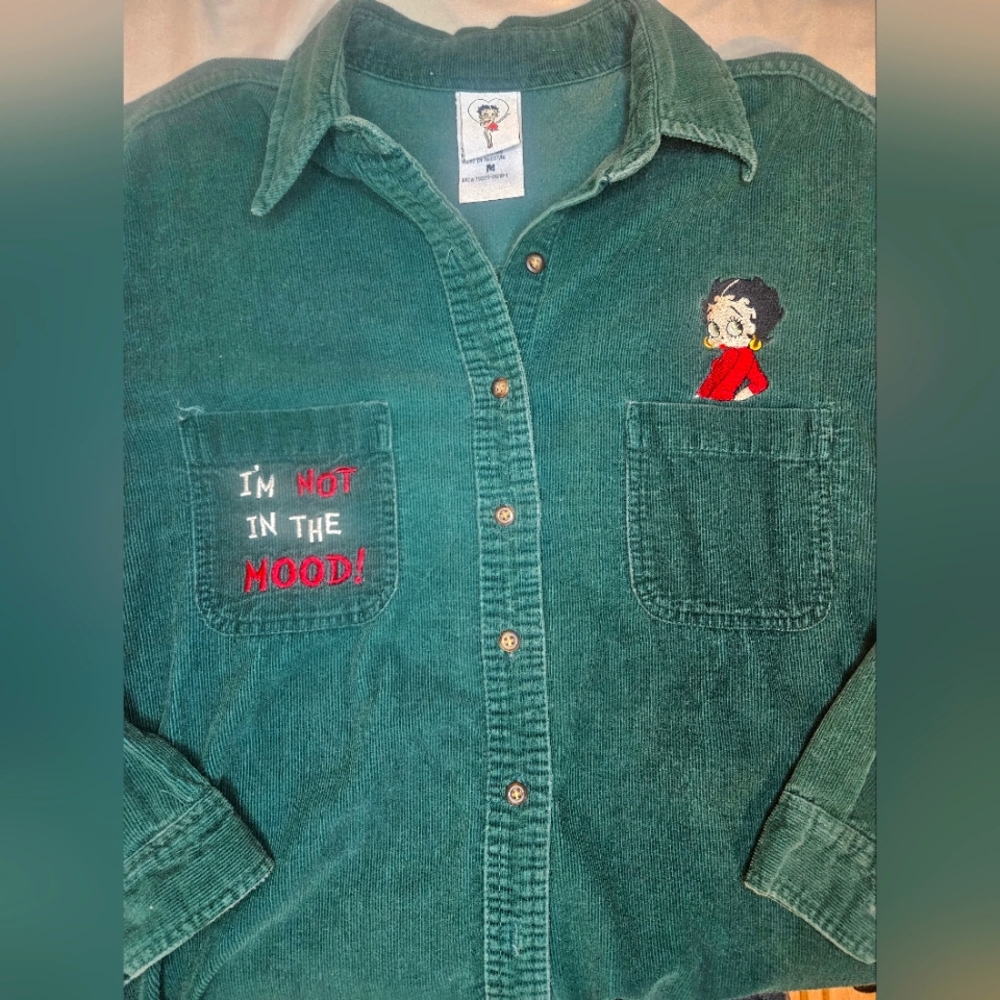 Vinage Betty Boop “I'm Not In The Mood” Corduroy Button-Up Shirt Women M